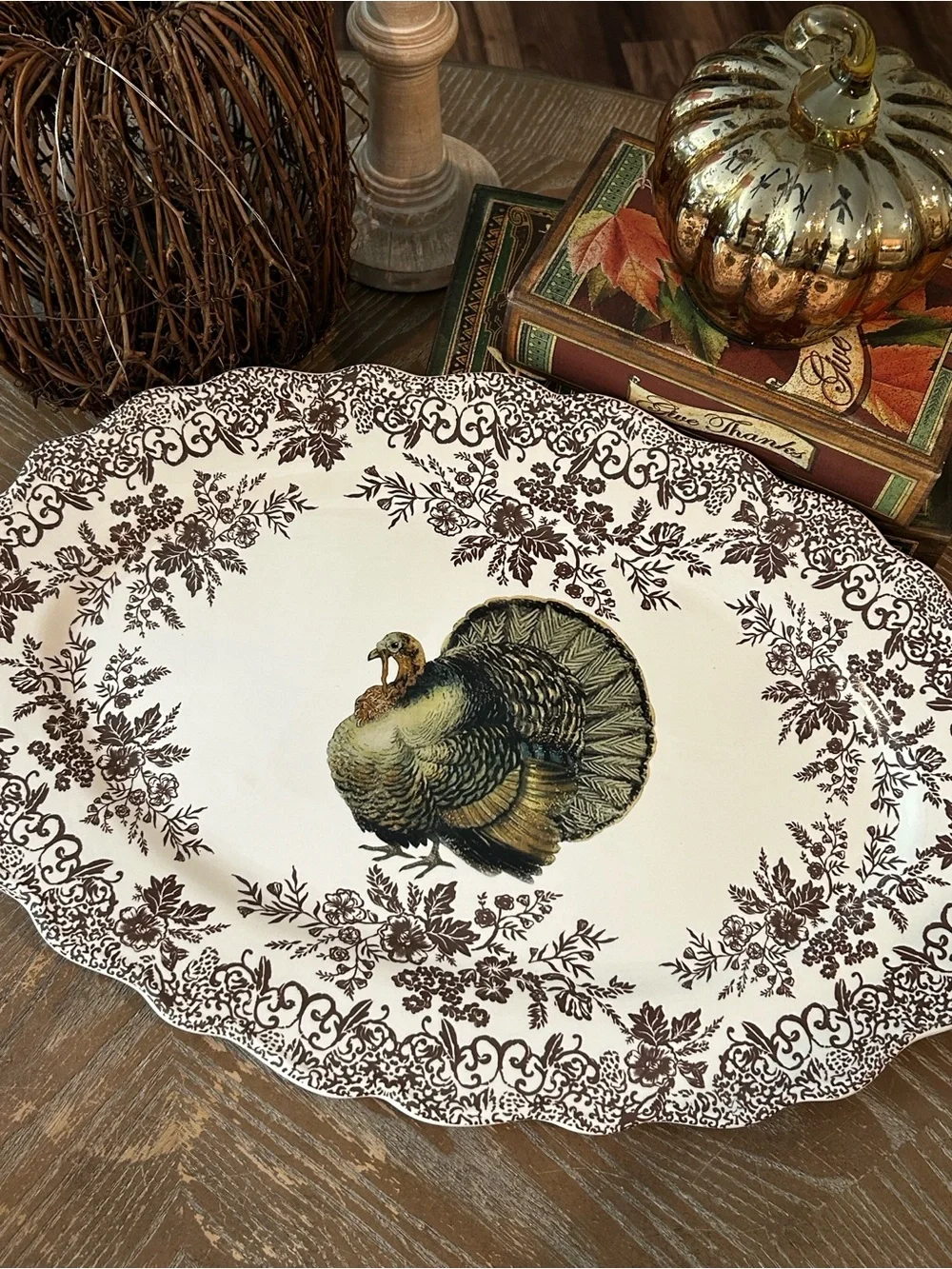 NEW! Fall Harvest Toile Ceramic Thanksgiving Turkey Serving Platter Tray